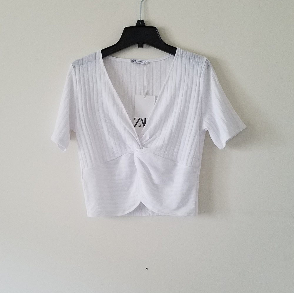 New Zara white knotted short sleeve crop top M